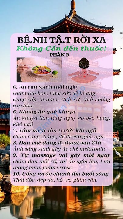 Infografik om hälsa med tips för sömn och välmående framför ett asiatiskt tempel.