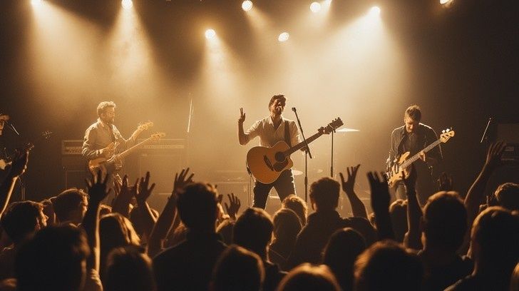 Rockband spelar på scen medan publiken sträcker händerna i luften